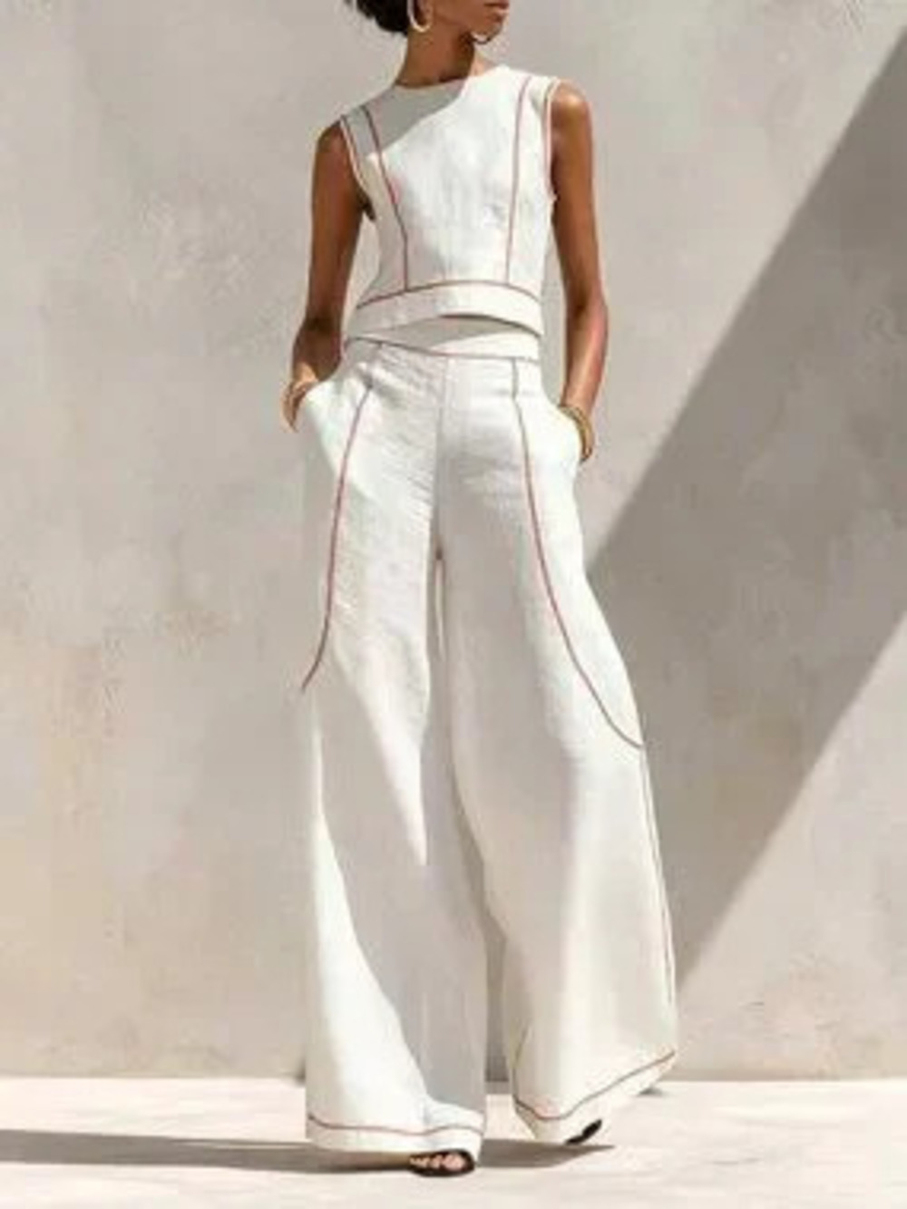 White Elegant Women's Sleeveless Vest Top & Wide Leg Pants Set